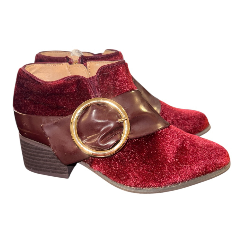 Velvet Ankle Boots with Gold Buckle, Block Heel, Burgundy Red, Size 7